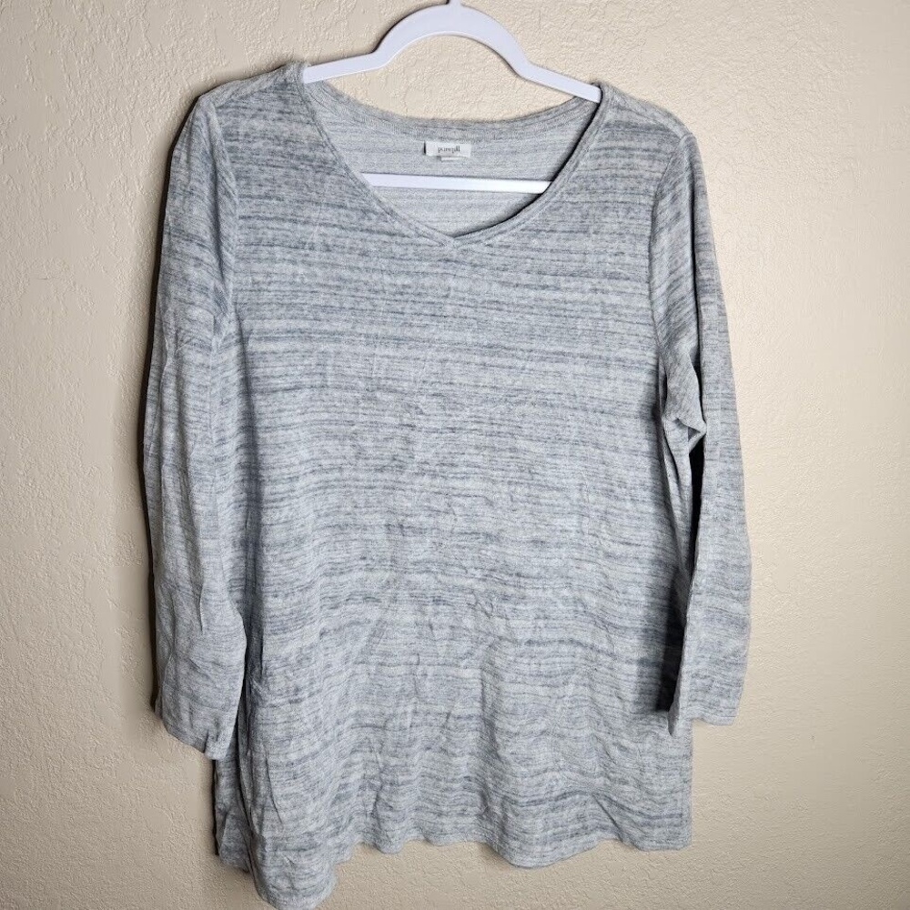 Pure Jill Tunic Top Women's Large Gray Velvet Classic Side Pockets V-Neck Soft